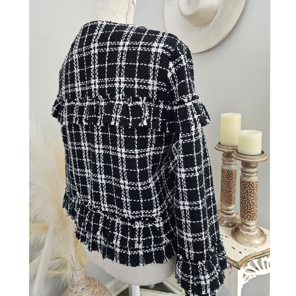 Storia Black White Tweed Raw Edge Open Front Crop Blazer Jacket - Picture 4 of 10